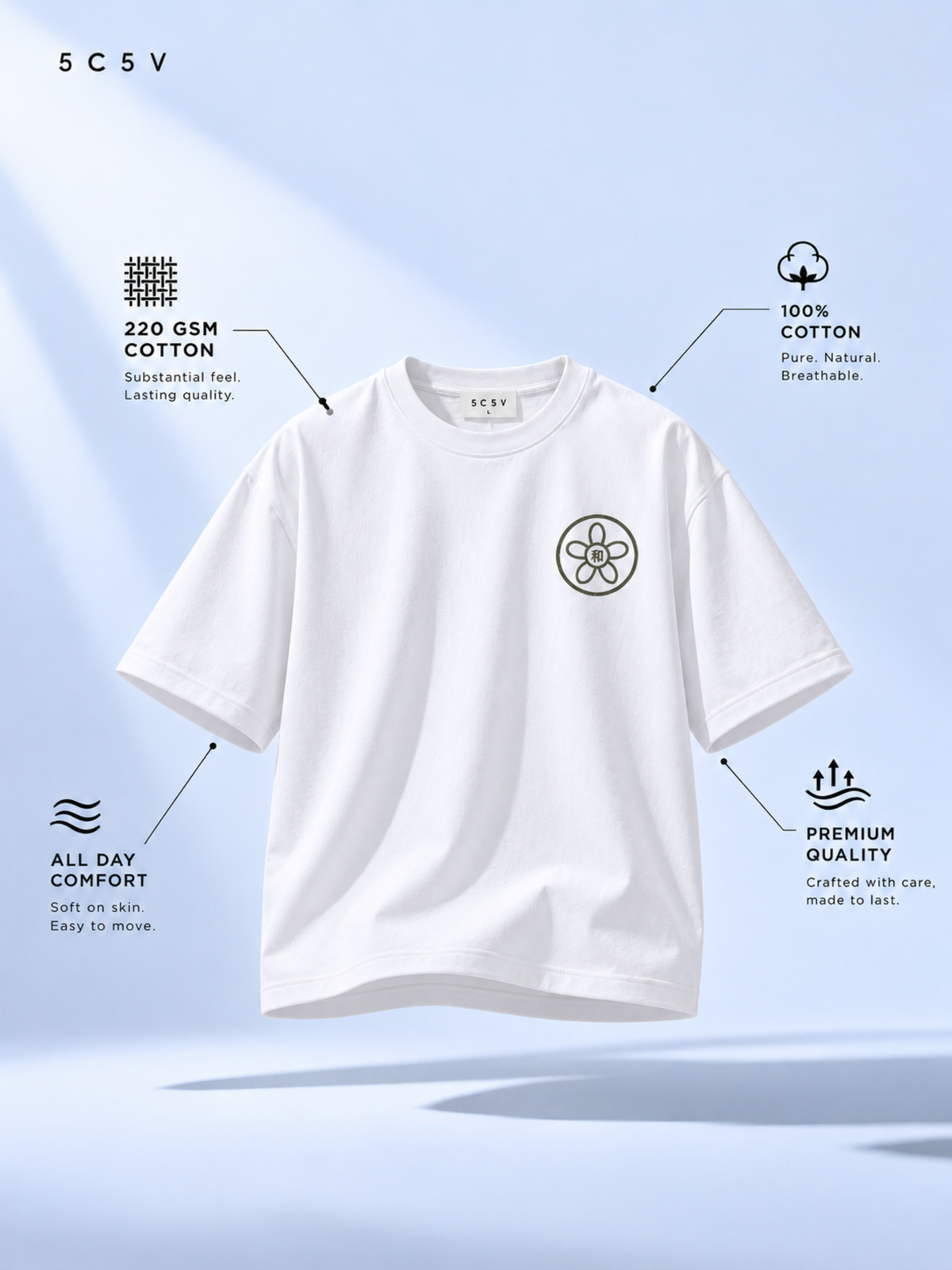 White Kyoto Harmony 和 graphic tee: fabric weight, fit and care details
