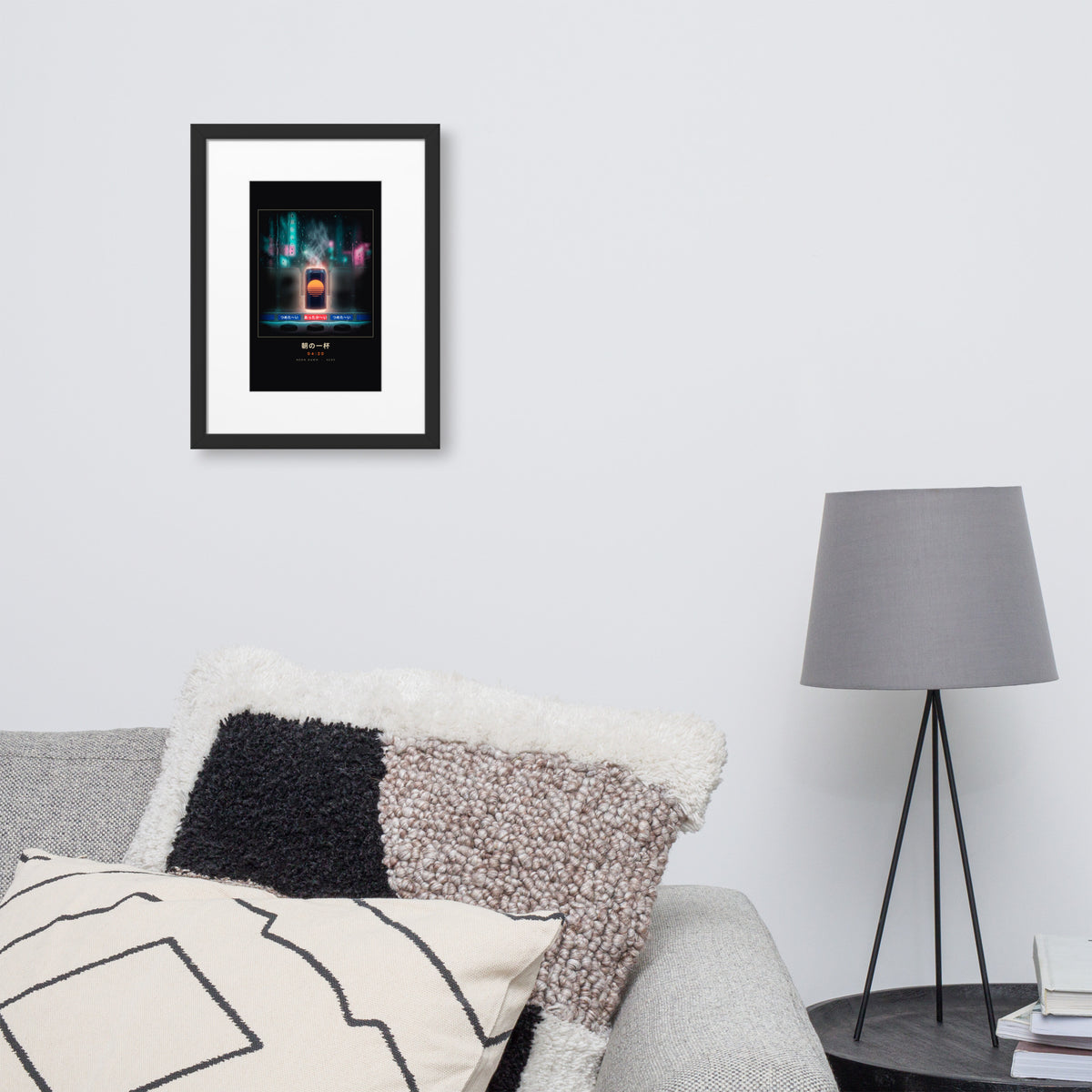 Black-framed Asa no Ippai 朝の一杯 (morning cup), 30×40 cm: a hot can glowing in a rainy vending machine, on a wall over a sofa