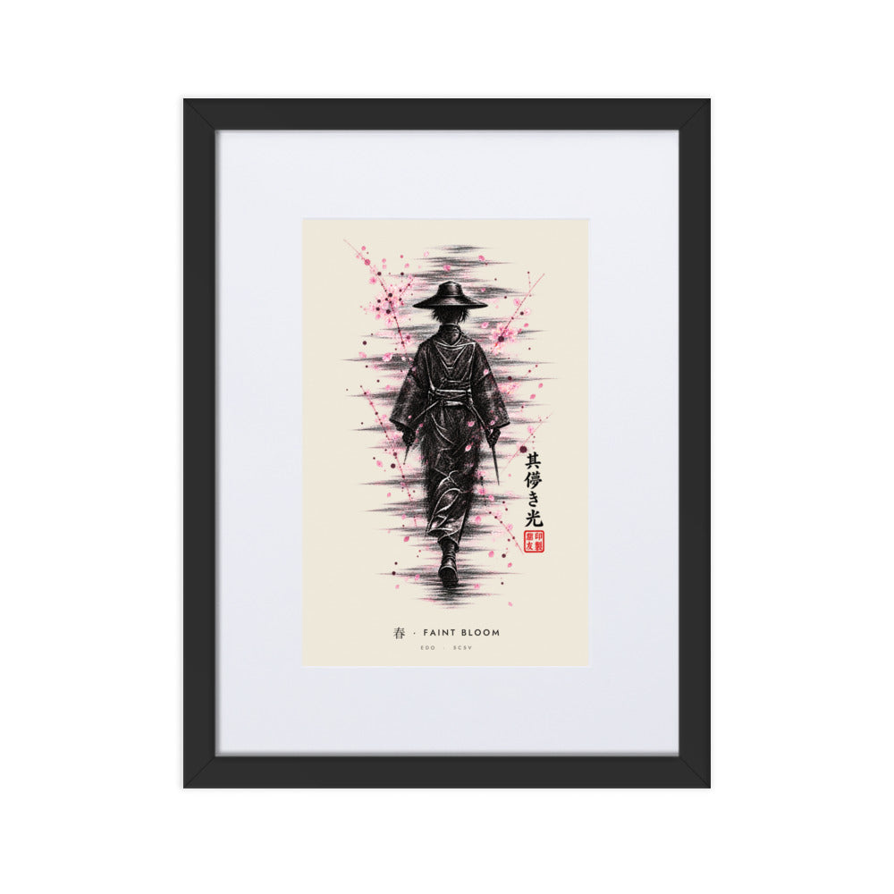 Black-framed Faint Bloom 春 (spring) print, 30×40 cm: ink traveller in a straw hat, pink blossom, flat on white