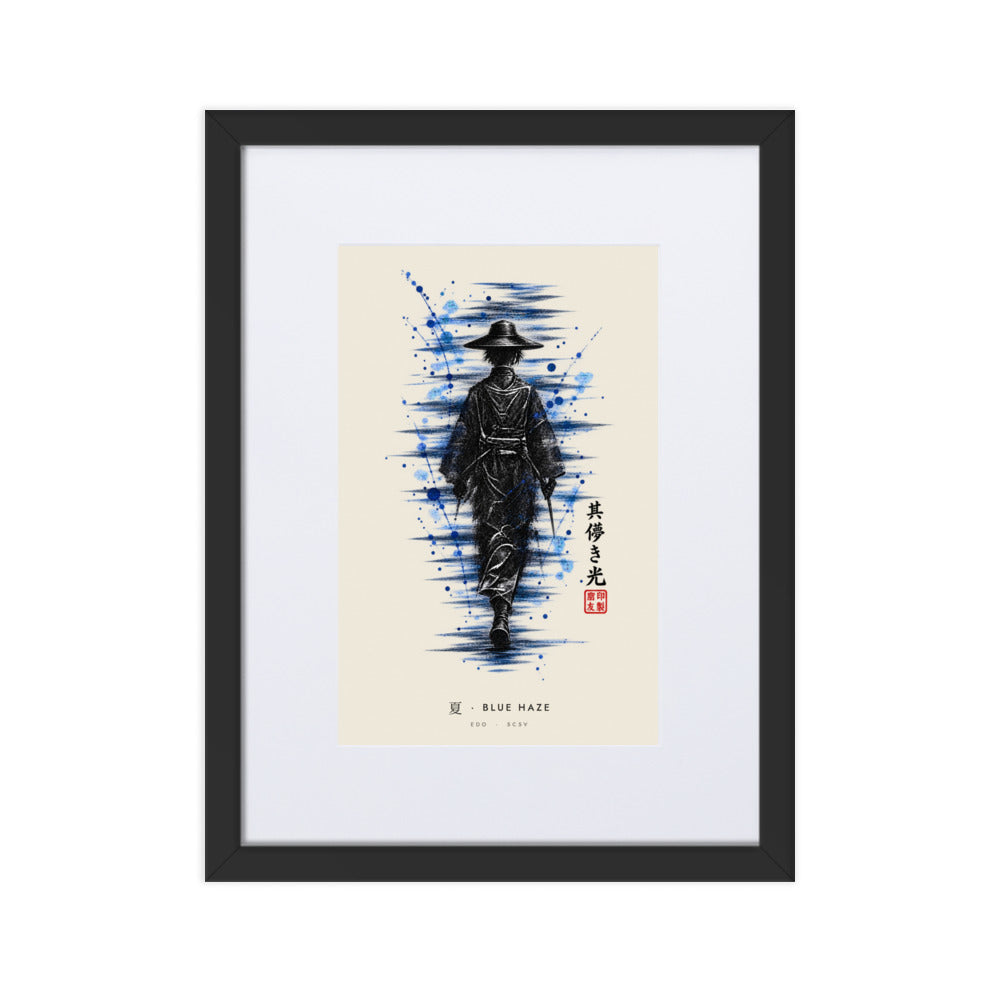 Black-framed Blue Haze 夏 (summer) print, 30×40 cm: ink traveller in a straw hat, splashes of blue, flat on white