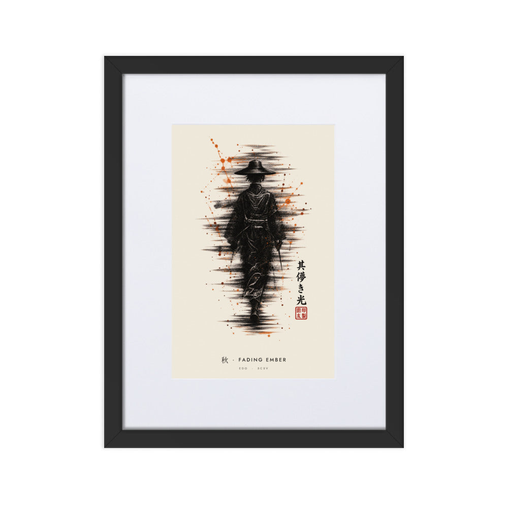 Black-framed Fading Ember 秋 (autumn) print, 30×40 cm: ink traveller in a straw hat, orange sparks, flat on white