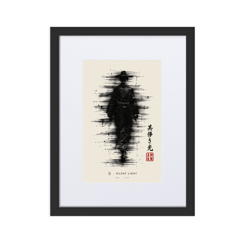 Black-framed Silent Light 冬 (winter) print, 30×40 cm: ink traveller in a straw hat, heavy black ink, flat on white