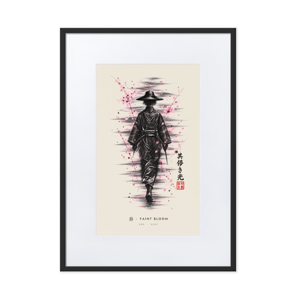 Black-framed Faint Bloom 春 (spring) print, 50×70 cm: ink traveller in a straw hat, pink blossom, flat on white