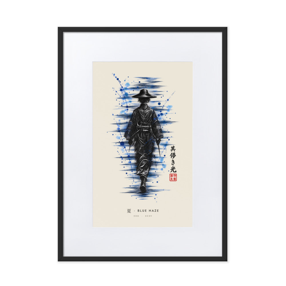 Black-framed Blue Haze 夏 (summer) print, 50×70 cm: ink traveller in a straw hat, splashes of blue, flat on white