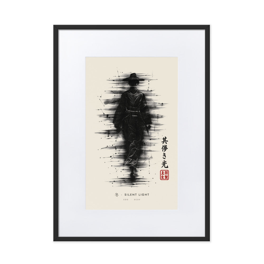 Black-framed Silent Light 冬 (winter) print, 50×70 cm: ink traveller in a straw hat, heavy black ink, flat on white