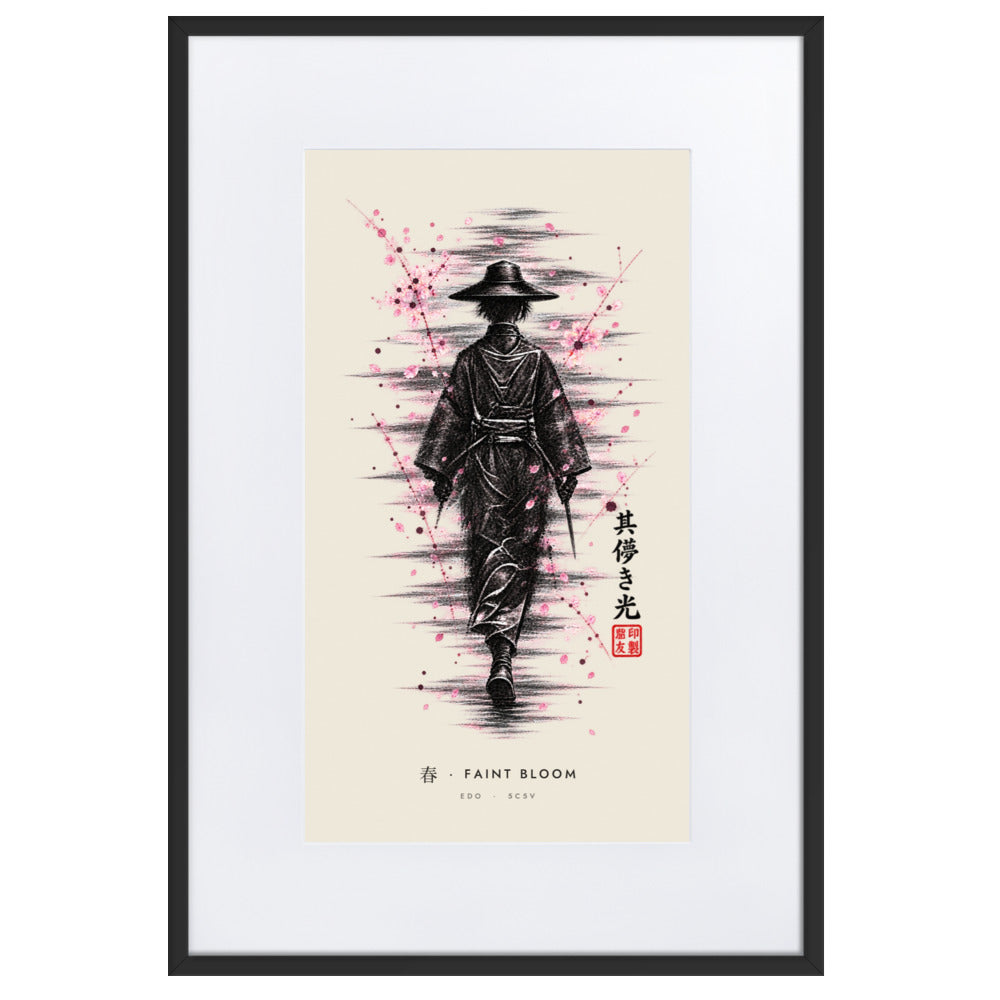 Black-framed Faint Bloom 春 (spring) print, 61×91 cm: ink traveller in a straw hat, pink blossom, flat on white