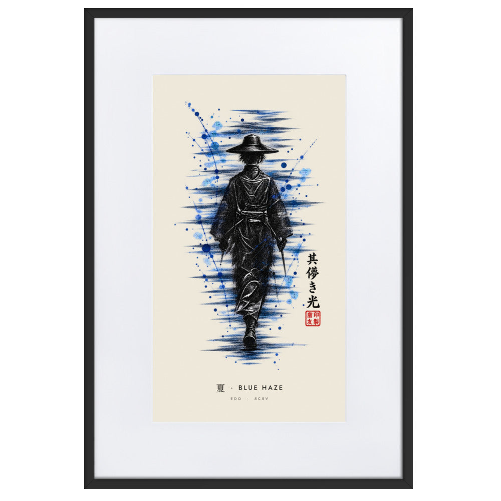 Black-framed Blue Haze 夏 (summer) print, 61×91 cm: ink traveller in a straw hat, splashes of blue, flat on white