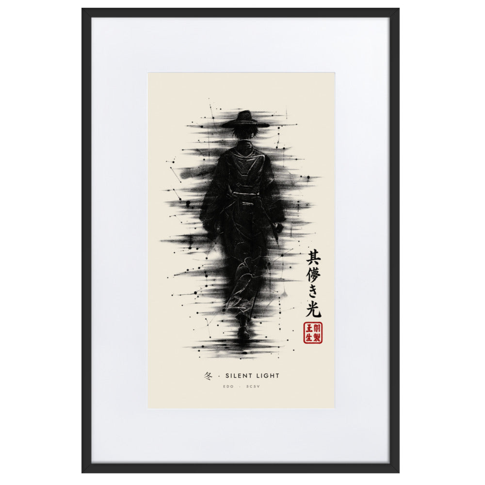 Black-framed Silent Light 冬 (winter) print, 61×91 cm: ink traveller in a straw hat, heavy black ink, flat on white