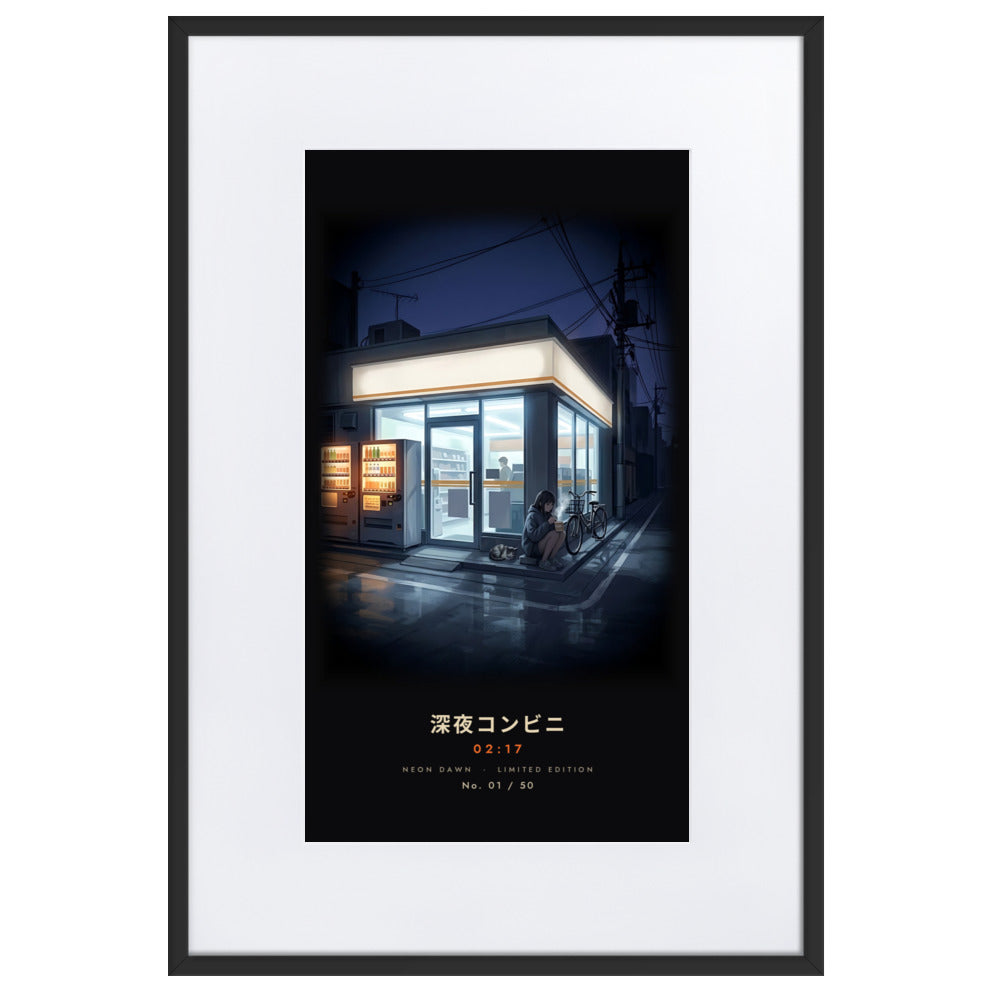 Black-framed Shin'ya Konbini 深夜コンビニ (late-night store), 61×91 cm: a glowing Tokyo convenience store at 2am, flat on white