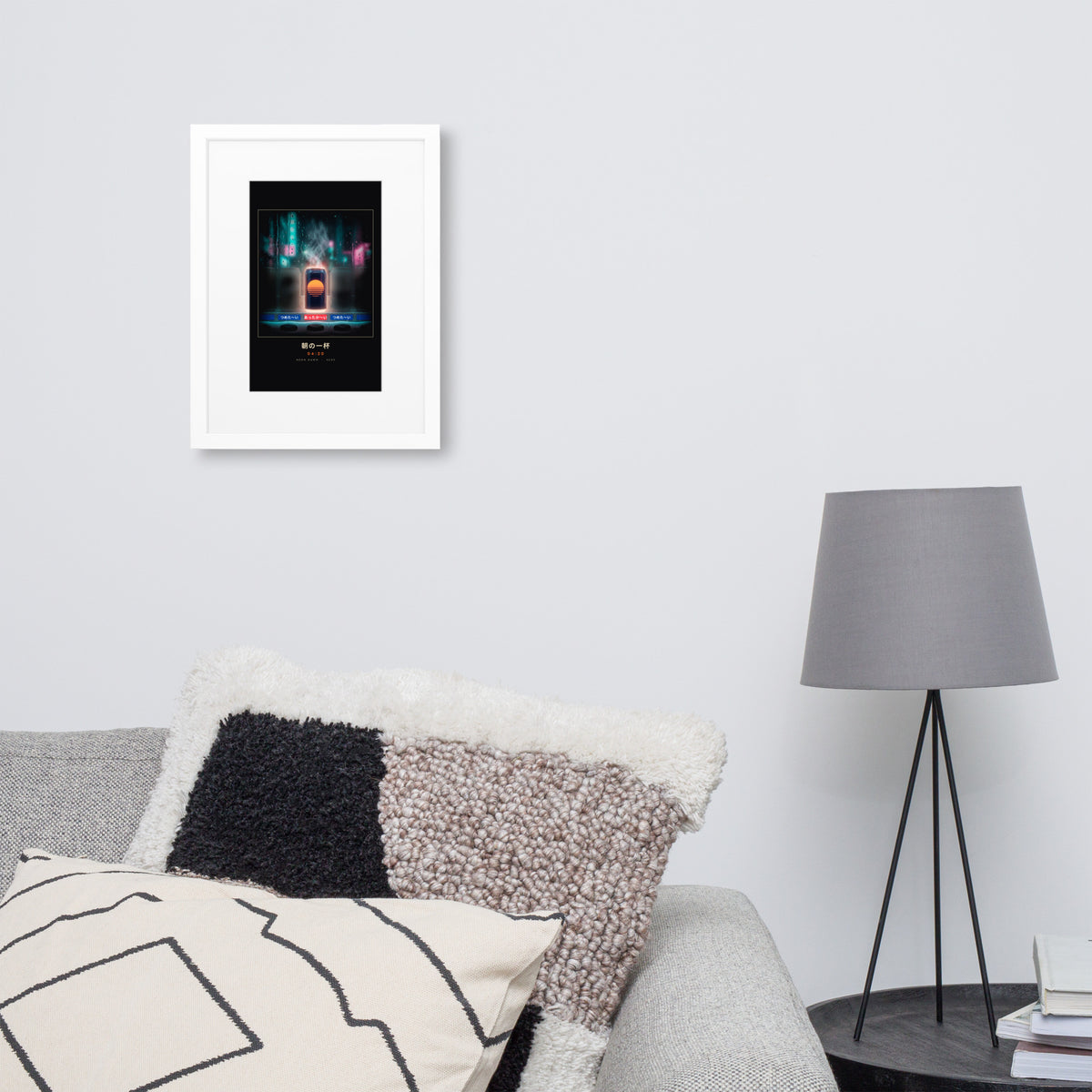 White-framed Asa no Ippai 朝の一杯 (morning cup), 30×40 cm: a hot can glowing in a rainy vending machine, on a wall over a sofa