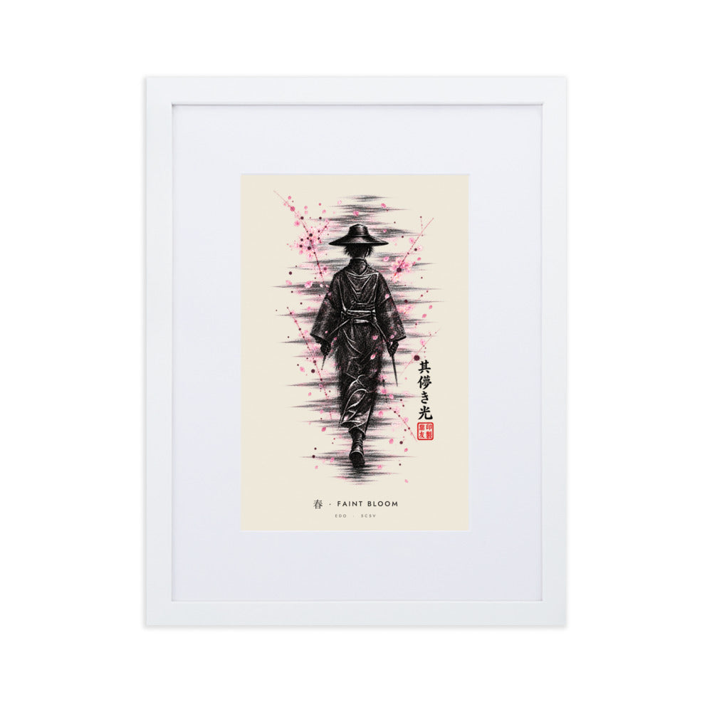 White-framed Faint Bloom 春 (spring) print, 30×40 cm: ink traveller in a straw hat, pink blossom, flat on white