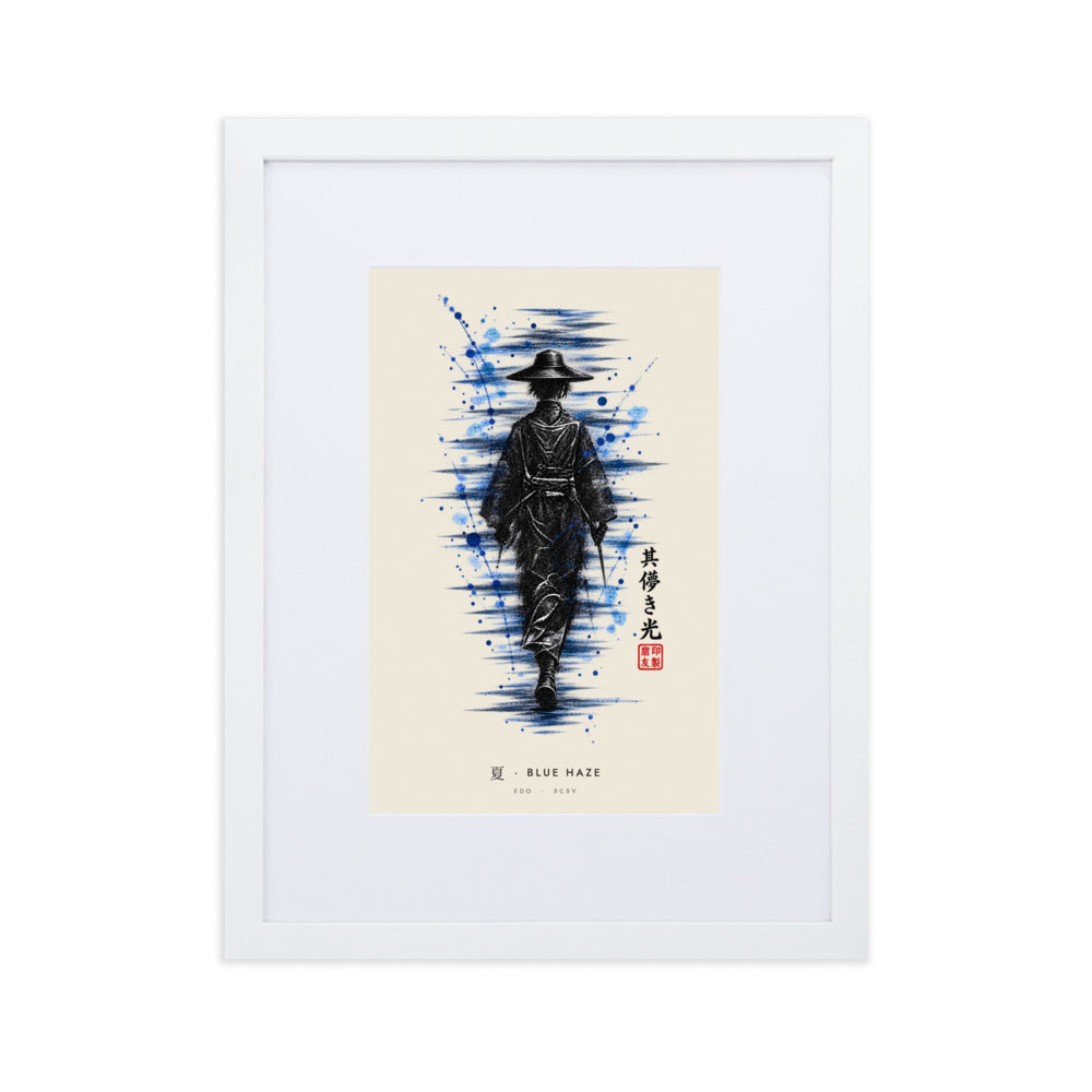 White-framed Blue Haze 夏 (summer) print, 30×40 cm: ink traveller in a straw hat, splashes of blue, flat on white