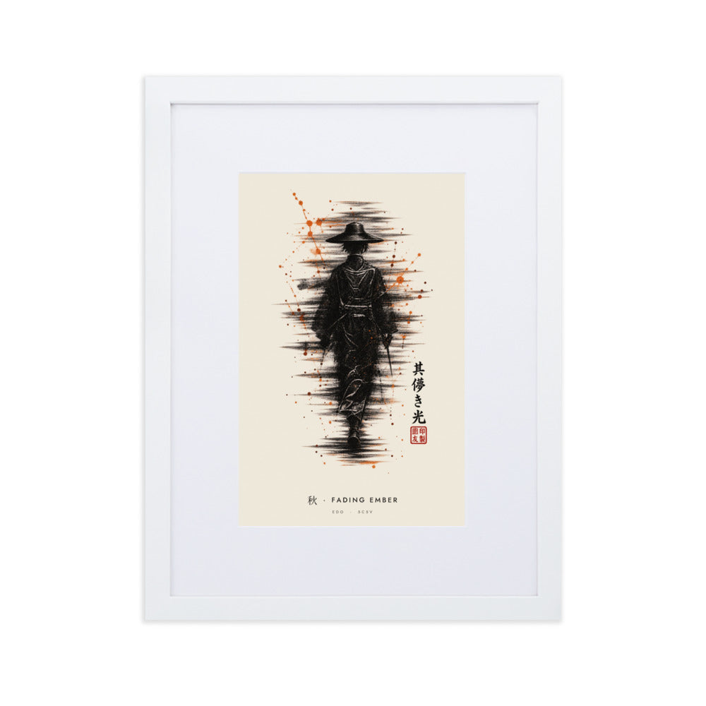 White-framed Fading Ember 秋 (autumn) print, 30×40 cm: ink traveller in a straw hat, orange sparks, flat on white