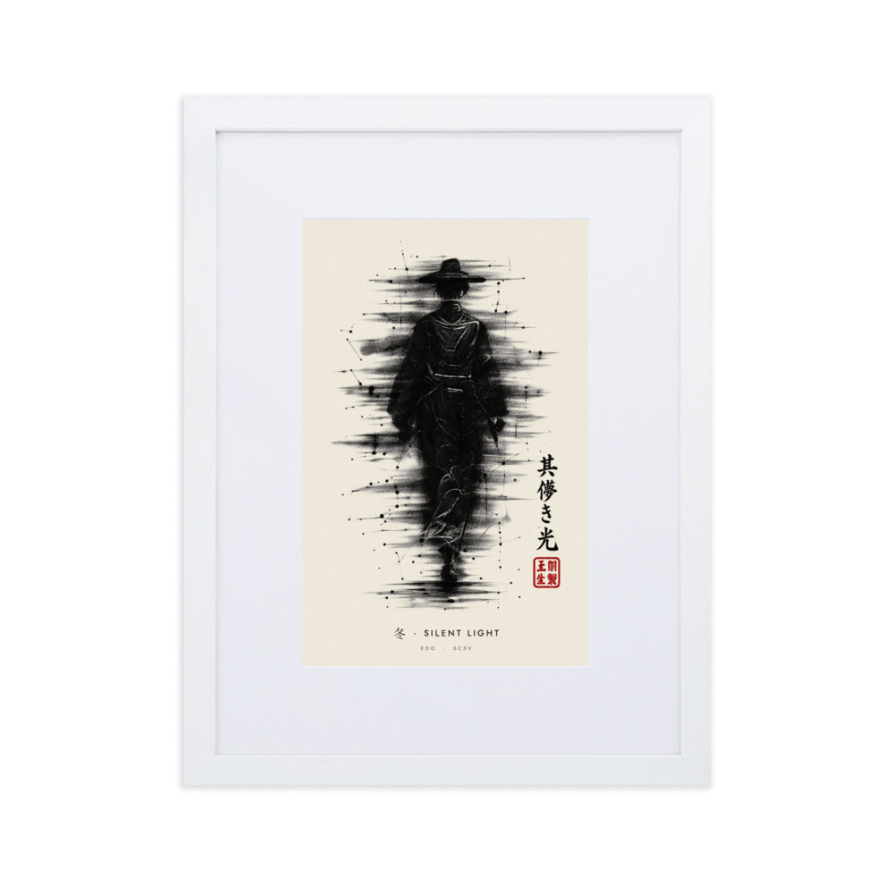 White-framed Silent Light 冬 (winter) print, 30×40 cm: ink traveller in a straw hat, heavy black ink, flat on white