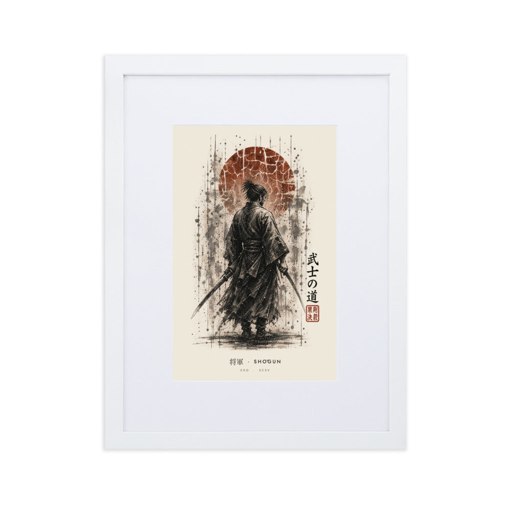White-framed Shōgun 将軍 print, 30×40 cm: ink samurai commander under a rust-red sun, flat on white