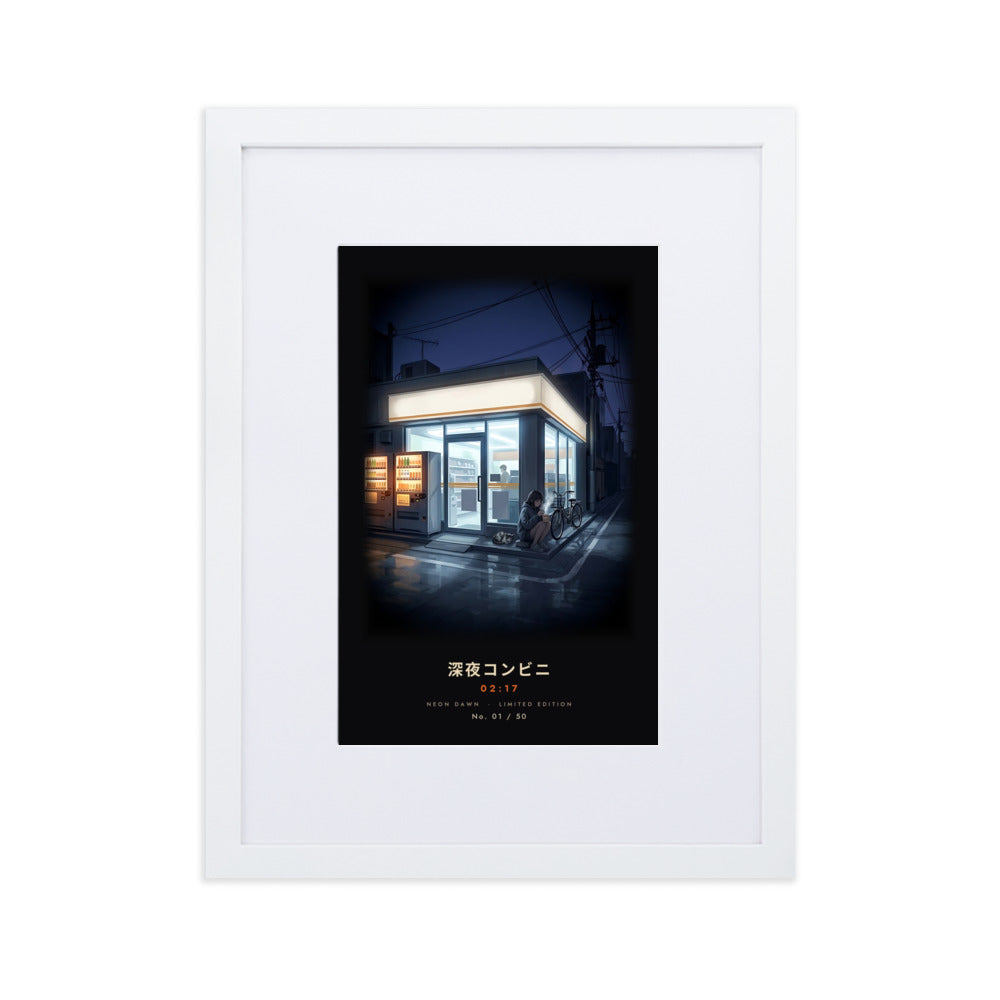 White-framed Shin'ya Konbini 深夜コンビニ (late-night store), 30×40 cm: a glowing Tokyo convenience store at 2am, flat on white