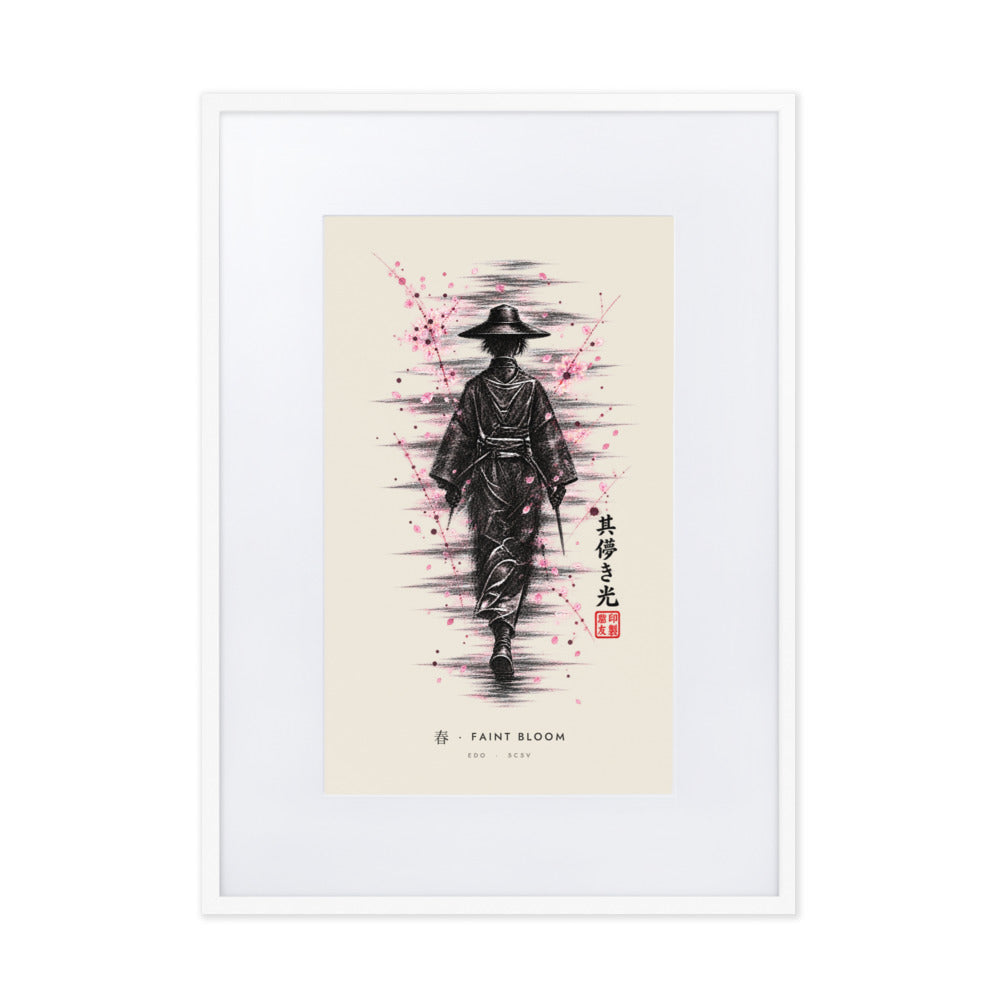 White-framed Faint Bloom 春 (spring) print, 50×70 cm: ink traveller in a straw hat, pink blossom, flat on white