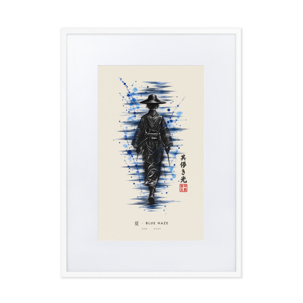 White-framed Blue Haze 夏 (summer) print, 50×70 cm: ink traveller in a straw hat, splashes of blue, flat on white