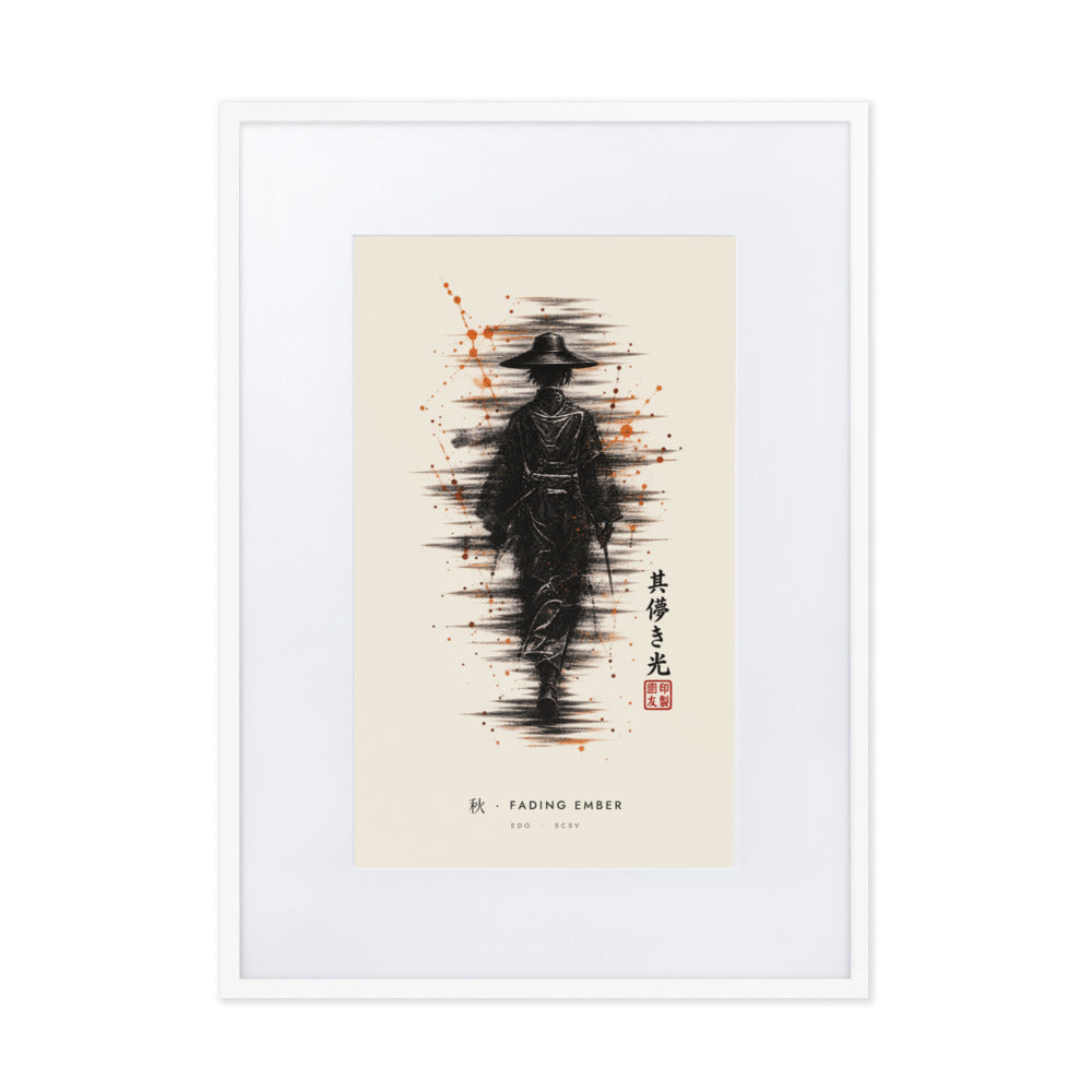 White-framed Fading Ember 秋 (autumn) print, 50×70 cm: ink traveller in a straw hat, orange sparks, flat on white