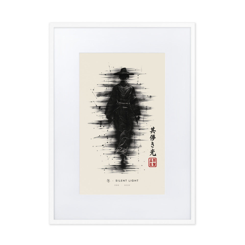 White-framed Silent Light 冬 (winter) print, 50×70 cm: ink traveller in a straw hat, heavy black ink, flat on white