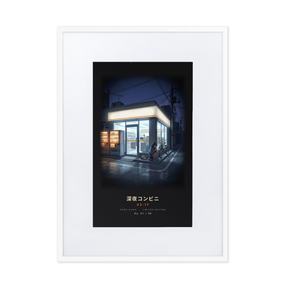 White-framed Shin'ya Konbini 深夜コンビニ (late-night store), 50×70 cm: a glowing Tokyo convenience store at 2am, flat on white