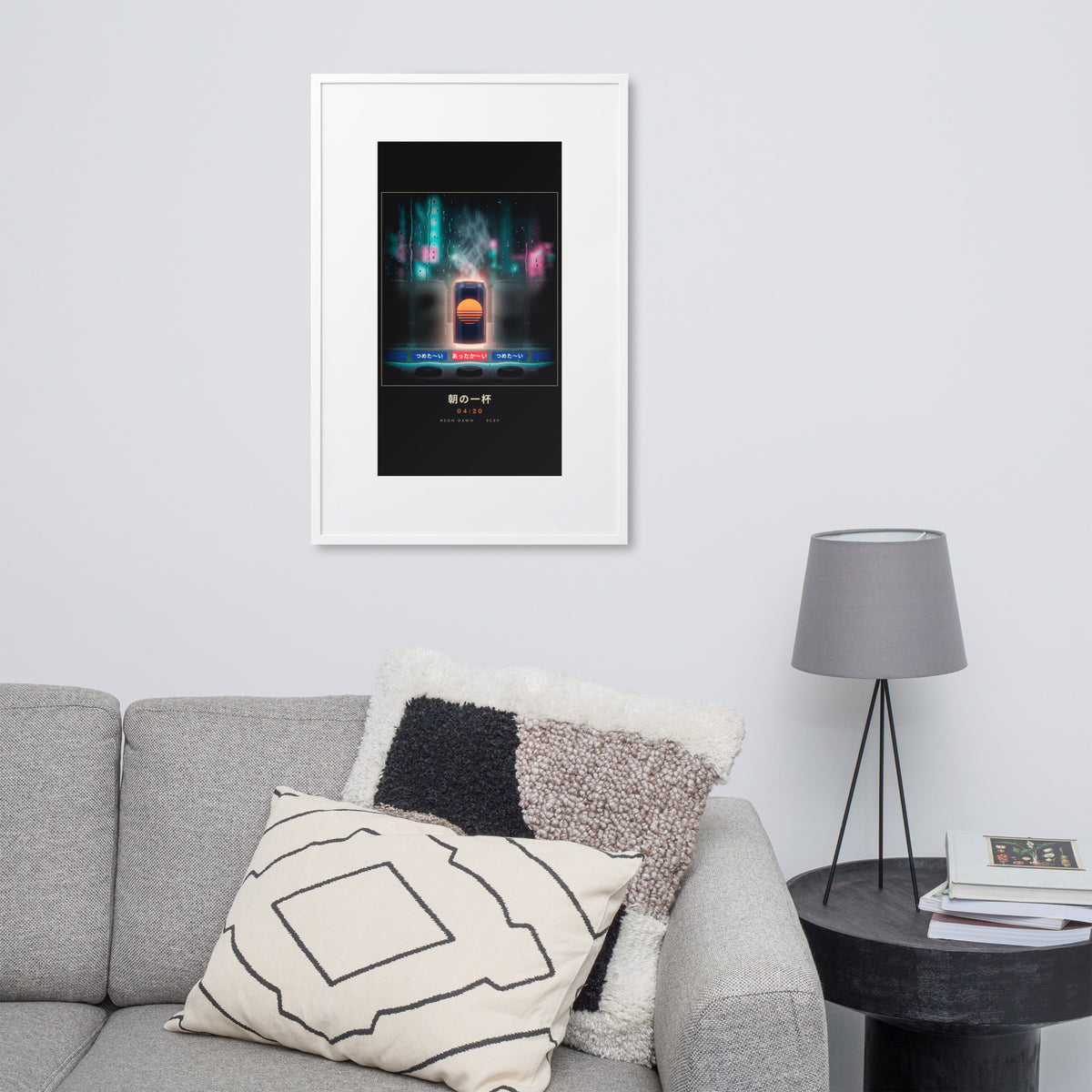 White-framed Asa no Ippai 朝の一杯 (morning cup), 61×91 cm: a hot can glowing in a rainy vending machine, on a wall over a sofa