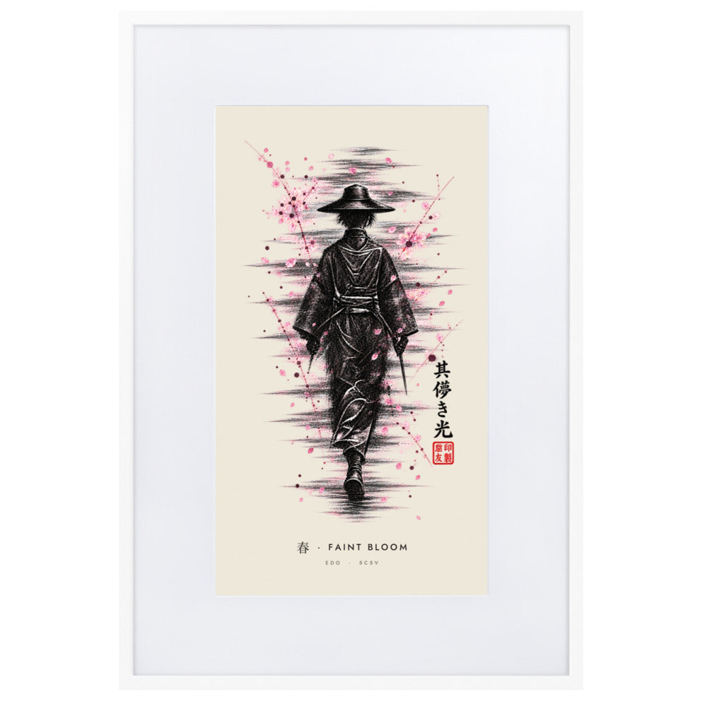 White-framed Faint Bloom 春 (spring) print, 61×91 cm: ink traveller in a straw hat, pink blossom, flat on white