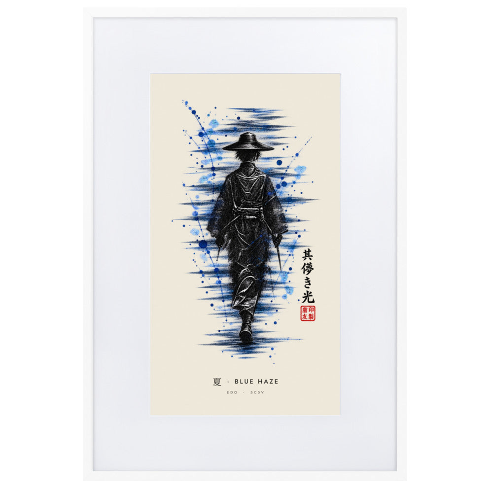 White-framed Blue Haze 夏 (summer) print, 61×91 cm: ink traveller in a straw hat, splashes of blue, flat on white