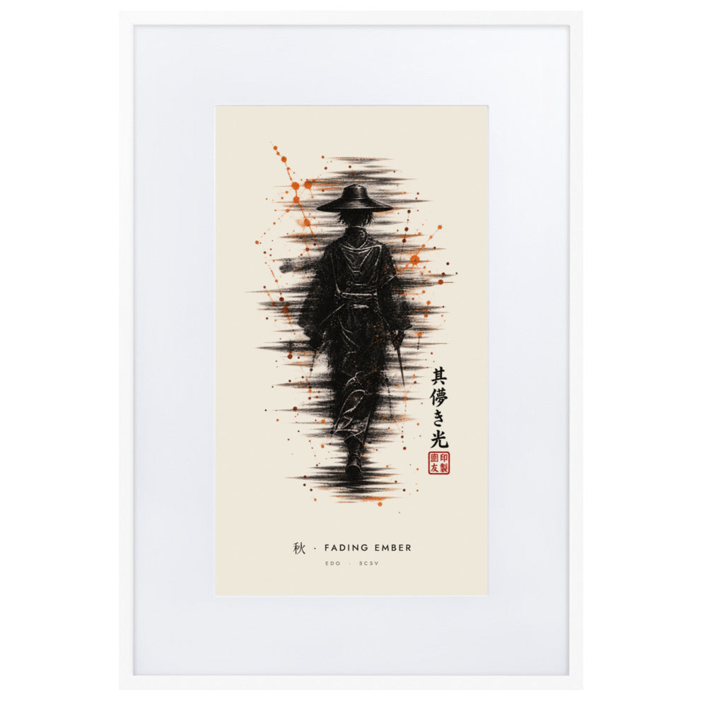 White-framed Fading Ember 秋 (autumn) print, 61×91 cm: ink traveller in a straw hat, orange sparks, flat on white