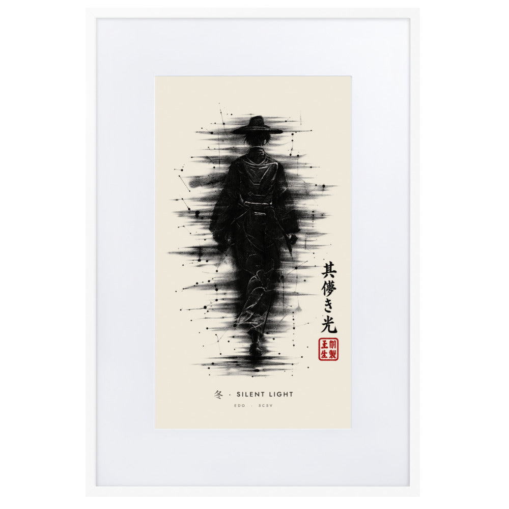 White-framed Silent Light 冬 (winter) print, 61×91 cm: ink traveller in a straw hat, heavy black ink, flat on white