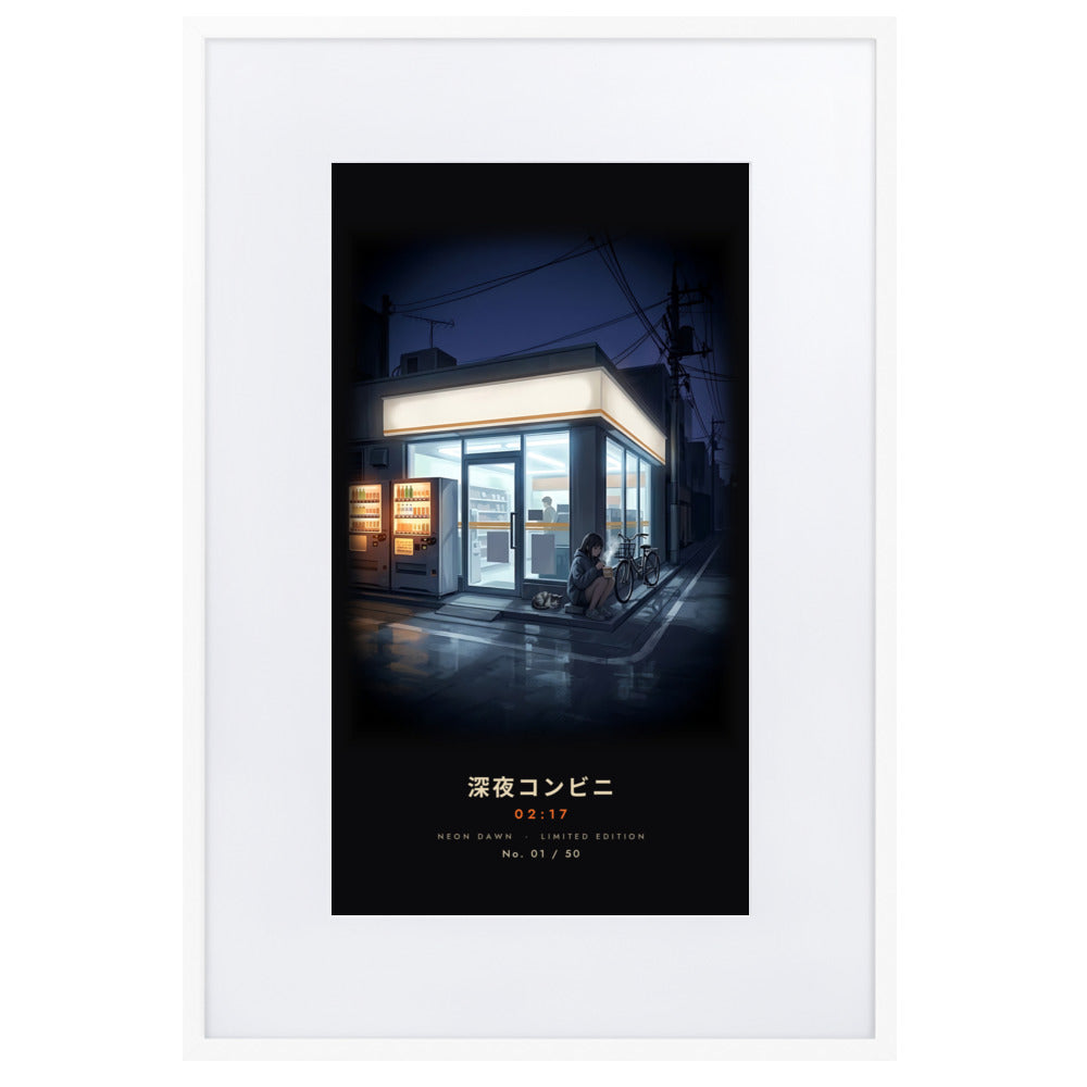 White-framed Shin'ya Konbini 深夜コンビニ (late-night store), 61×91 cm: a glowing Tokyo convenience store at 2am, flat on white