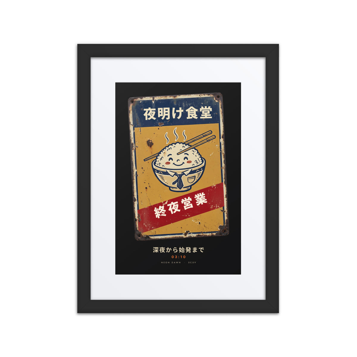 Black-framed Shuya Eigyo 終夜営業 (all night) print, 12×16 in: diner sign with a smiling rice bowl, flat on white