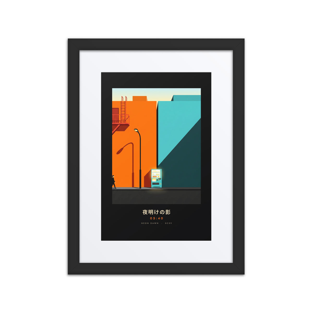 Black-framed Kage 影 (shadow) print, 12×16 in: an orange and teal Tokyo street at dawn, flat on white
