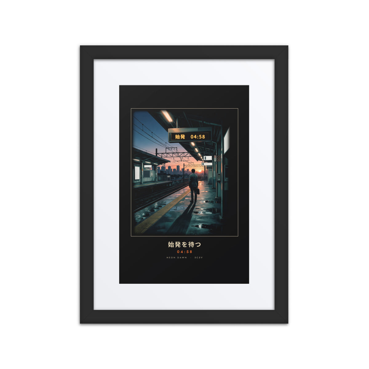 Black-framed Shihatsu 始発 (first train) print, 12×16 in: a commuter awaiting Tokyo's first train at sunrise, flat on white