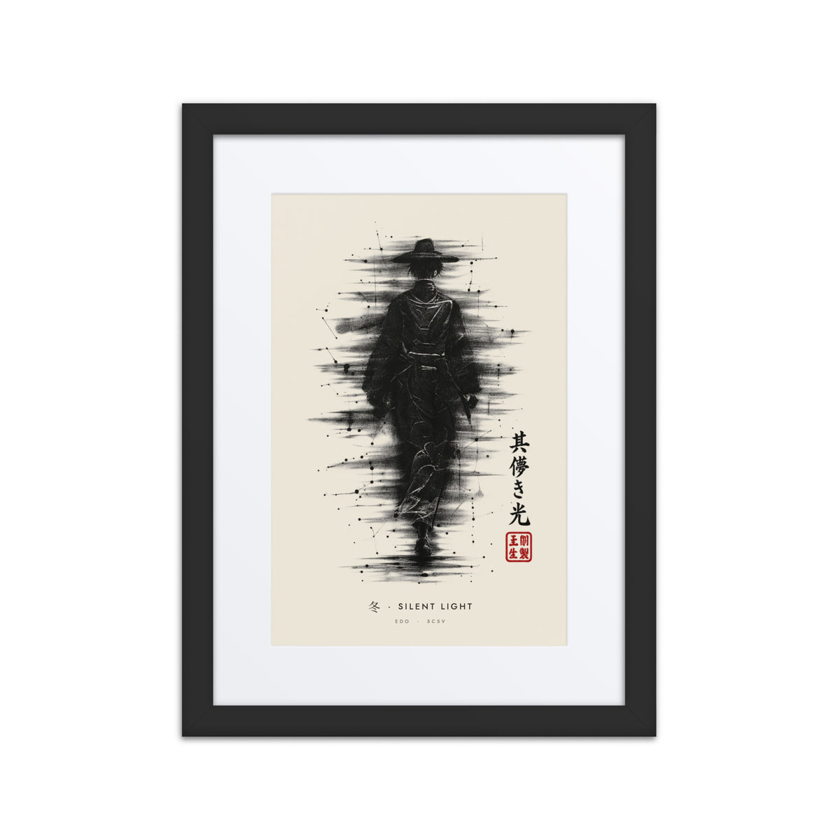 Black-framed Silent Light 冬 (winter) print, 12×16 in: ink traveller in a straw hat, heavy black ink, flat on white