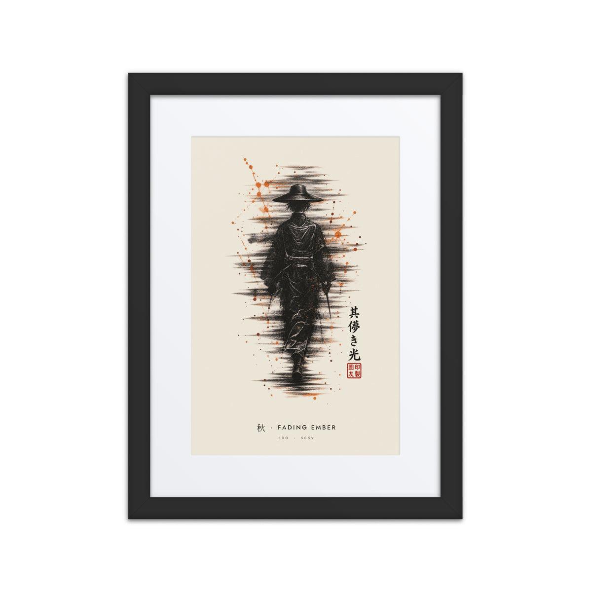 Black-framed Fading Ember 秋 (autumn) print, 12×16 in: ink traveller in a straw hat, orange sparks, flat on white