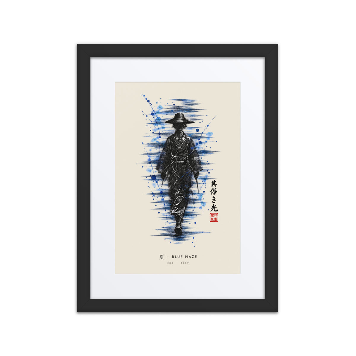 Black-framed Blue Haze 夏 (summer) print, 12×16 in: ink traveller in a straw hat, splashes of blue, flat on white