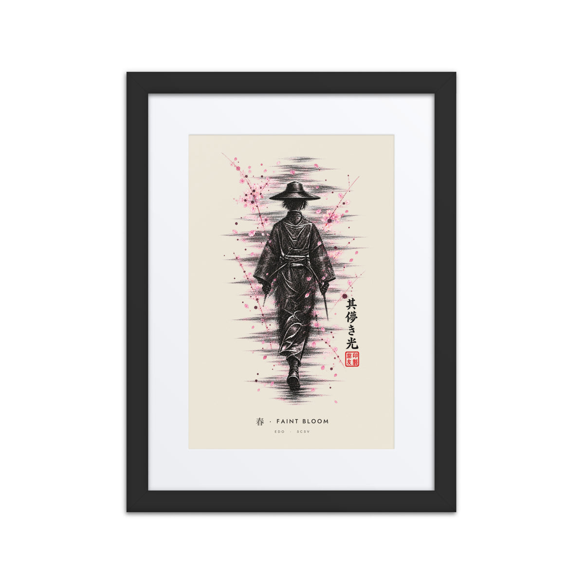 Black-framed Faint Bloom 春 (spring) print, 12×16 in: ink traveller in a straw hat, pink blossom, flat on white