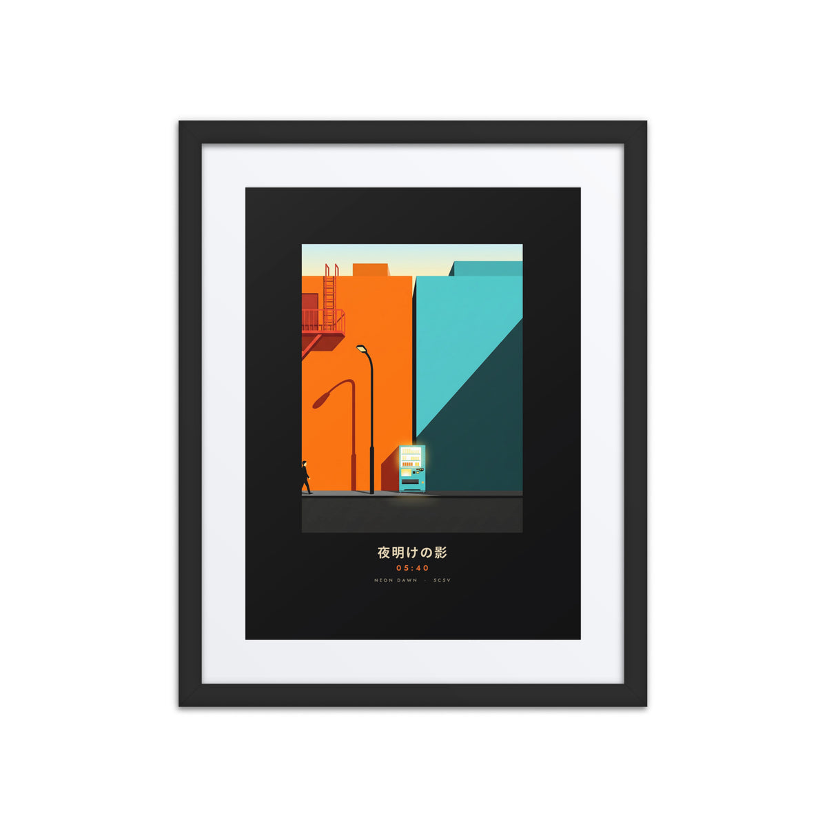 Black-framed Kage 影 (shadow) print, 16×20 in: an orange and teal Tokyo street at dawn, flat on white