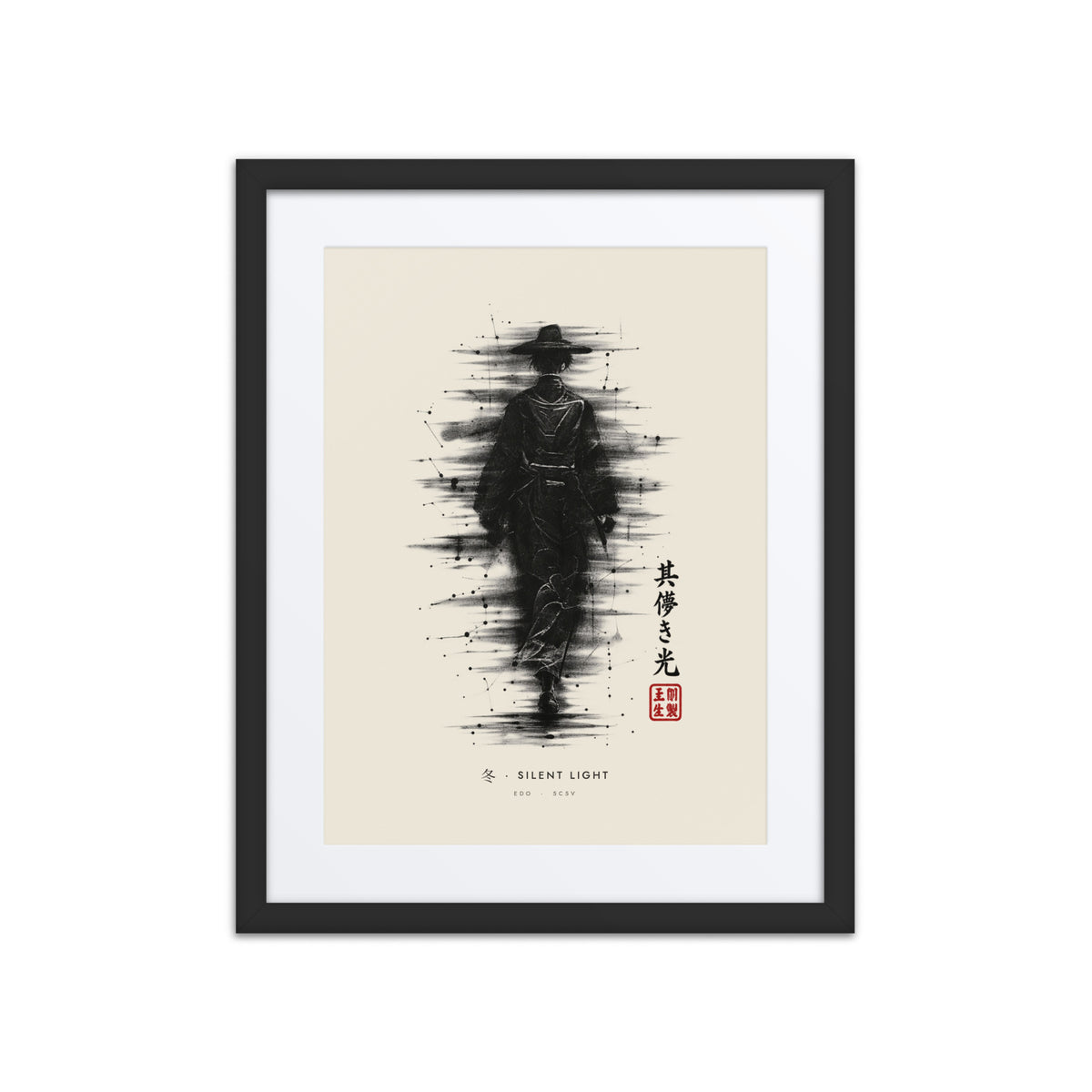 Black-framed Silent Light 冬 (winter) print, 16×20 in: ink traveller in a straw hat, heavy black ink, flat on white