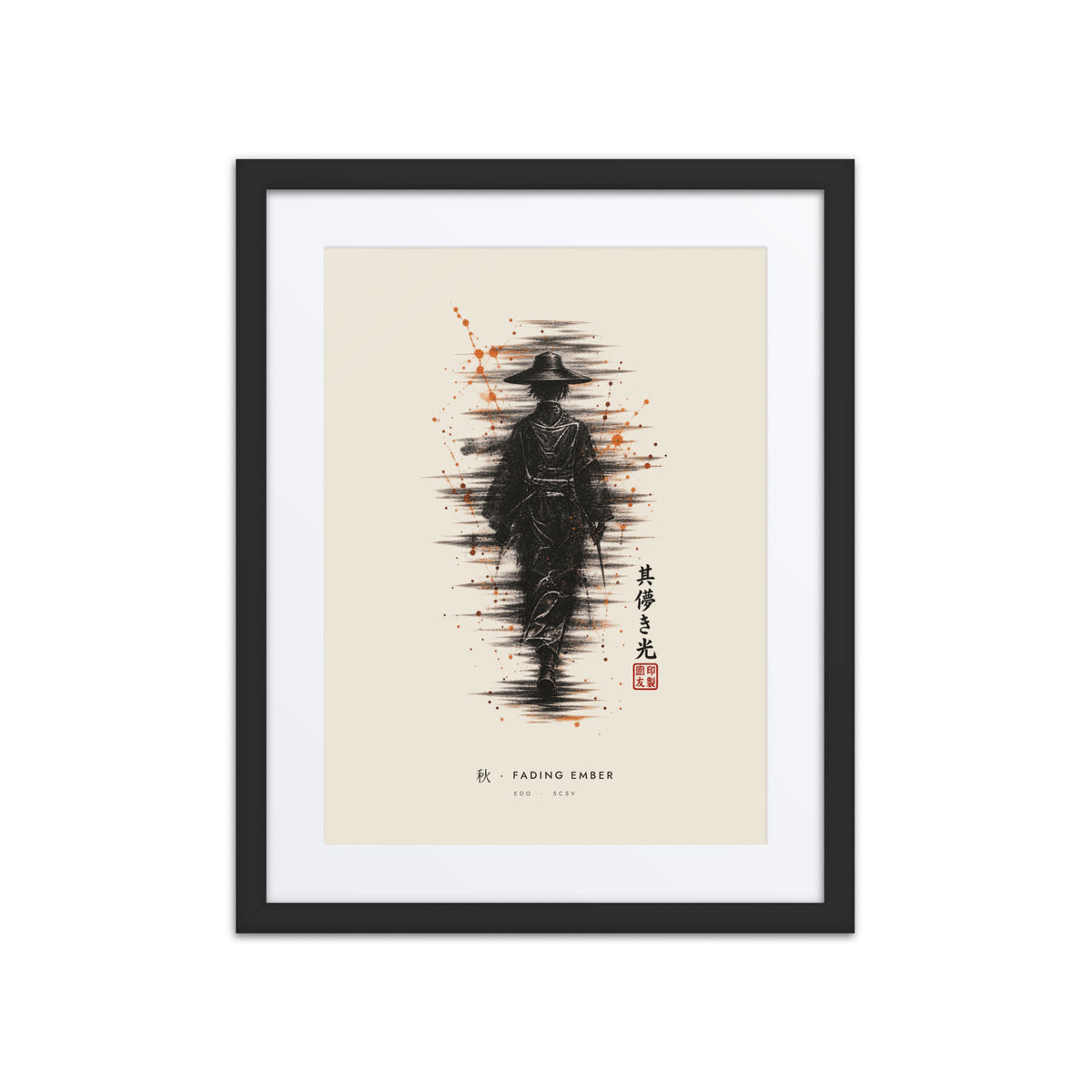 Black-framed Fading Ember 秋 (autumn) print, 16×20 in: ink traveller in a straw hat, orange sparks, flat on white