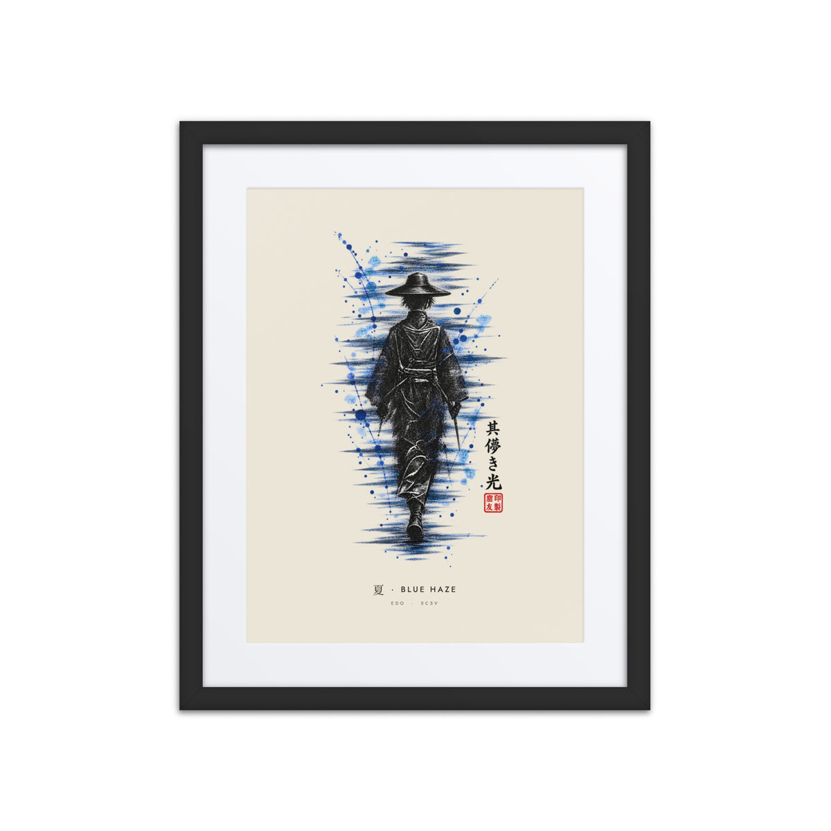 Black-framed Blue Haze 夏 (summer) print, 16×20 in: ink traveller in a straw hat, splashes of blue, flat on white