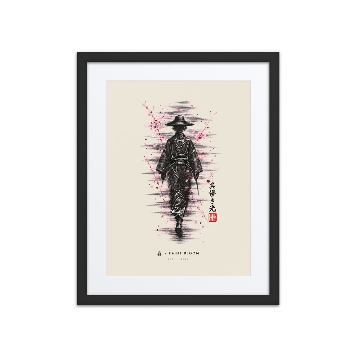 Black-framed Faint Bloom 春 (spring) print, 16×20 in: ink traveller in a straw hat, pink blossom, flat on white