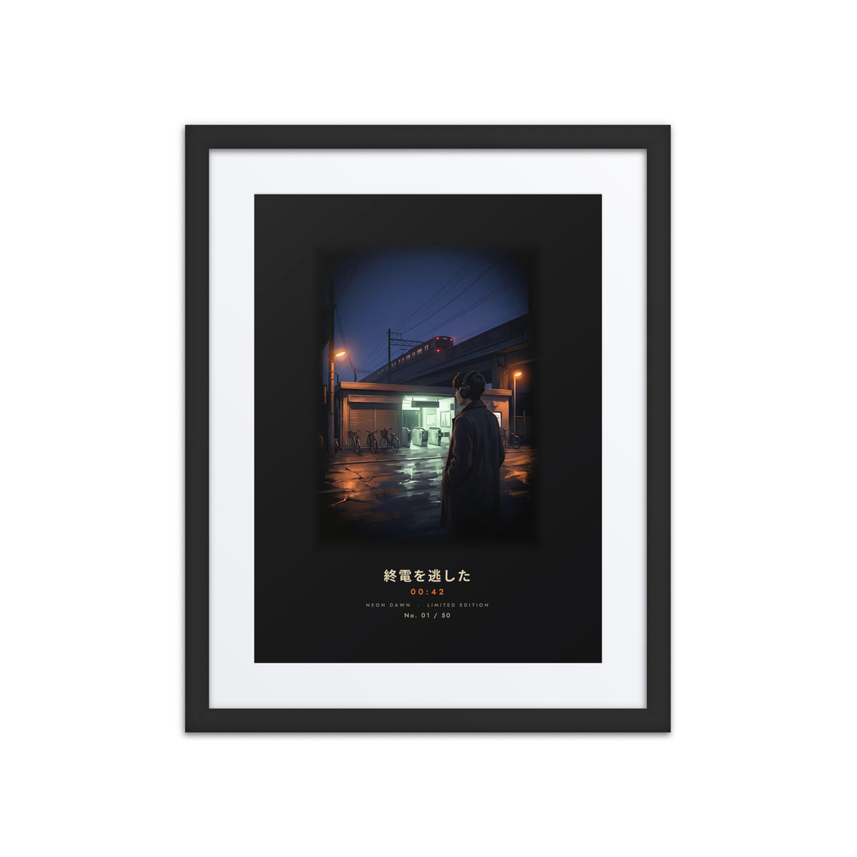 Black-framed Shūden 終電 (last train) print, 16×20 in: man in headphones outside a Tokyo station at midnight, flat on white