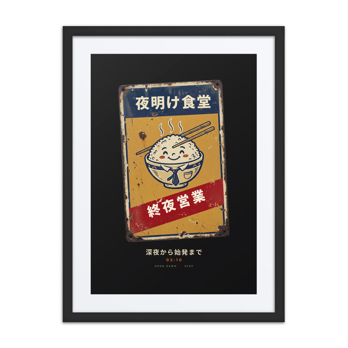 Black-framed Shuya Eigyo 終夜営業 (all night) print, 18×24 in: diner sign with a smiling rice bowl, flat on white