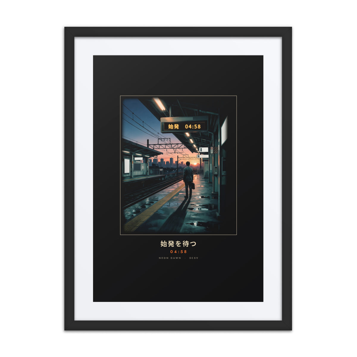 Black-framed Shihatsu 始発 (first train) print, 18×24 in: a commuter awaiting Tokyo's first train at sunrise, flat on white