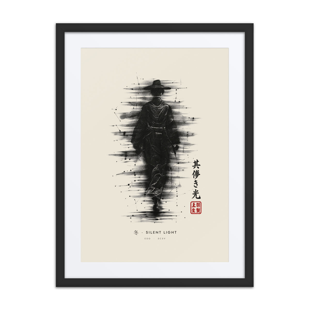 Black-framed Silent Light 冬 (winter) print, 18×24 in: ink traveller in a straw hat, heavy black ink, flat on white