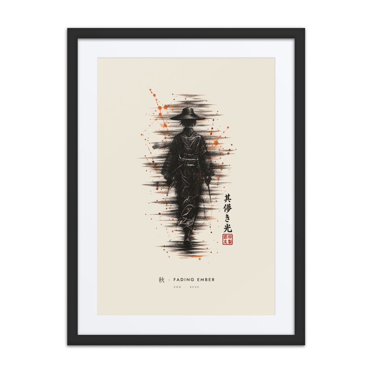 Black-framed Fading Ember 秋 (autumn) print, 18×24 in: ink traveller in a straw hat, orange sparks, flat on white