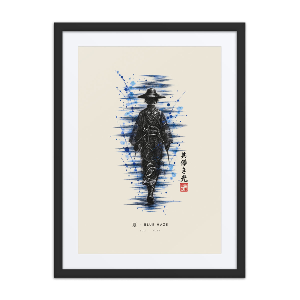 Black-framed Blue Haze 夏 (summer) print, 18×24 in: ink traveller in a straw hat, splashes of blue, flat on white