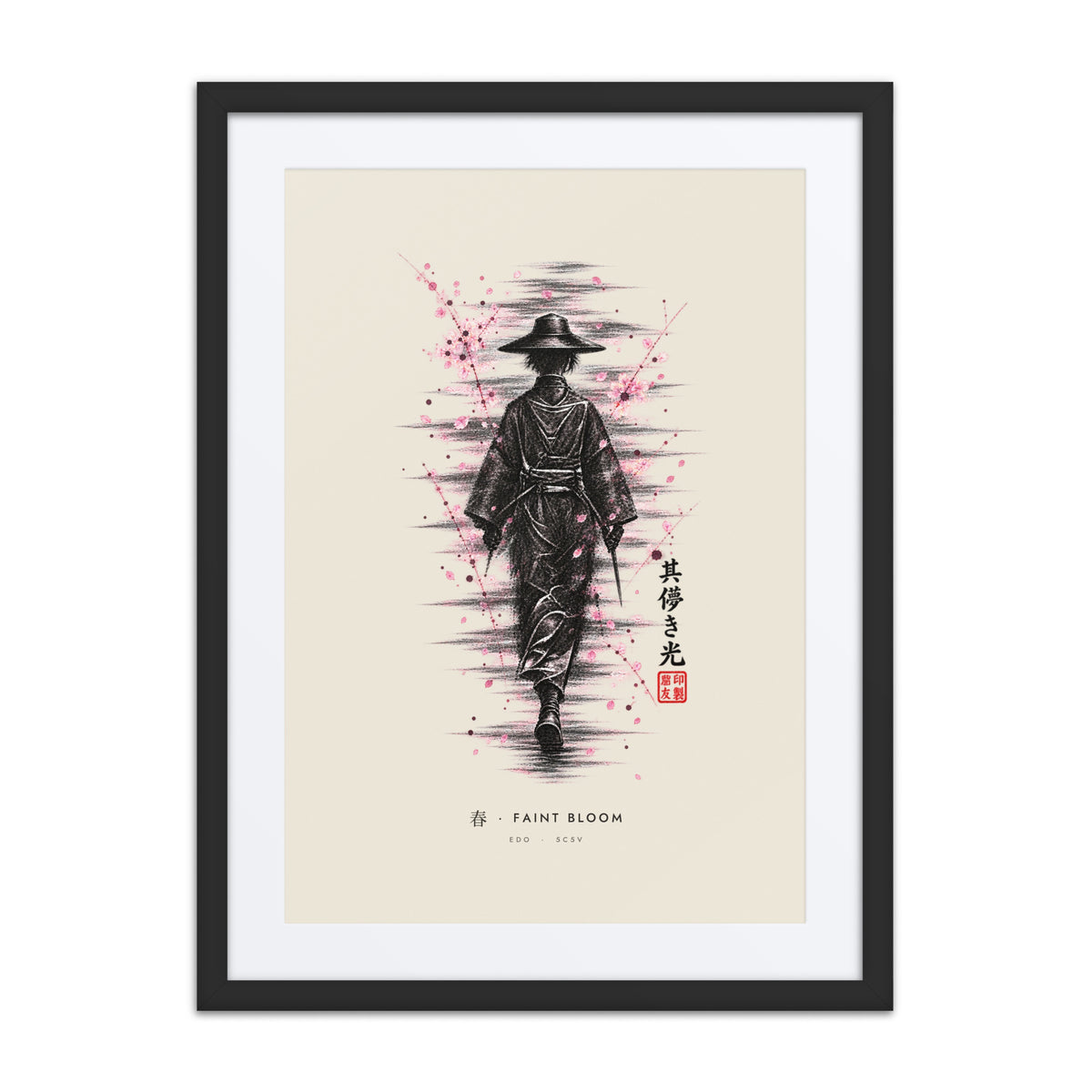 Black-framed Faint Bloom 春 (spring) print, 18×24 in: ink traveller in a straw hat, pink blossom, flat on white